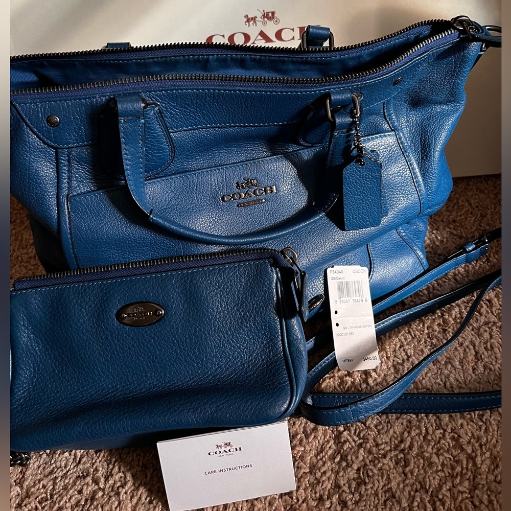 Blue coach satchel bag with matching wristlet great condition never used.